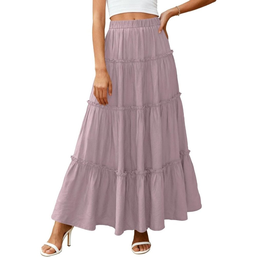 Women's Purple Boho Long Flowy A Line Tiered Beach Vacation Clothes Maxi Skirt - Picture 2 of 6
